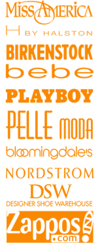 Logos of brands including Playboy, Bebe, Bloomingdales, Nordstrom and Zappos