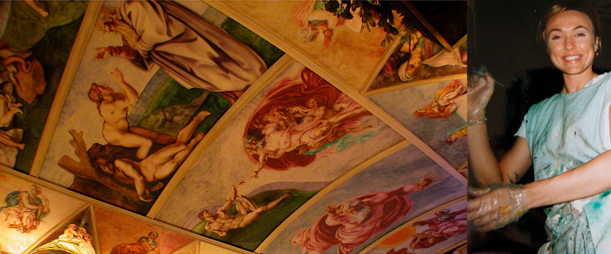 Natalie Gray painting a reproduction of the Sistine Chapel Ceiling